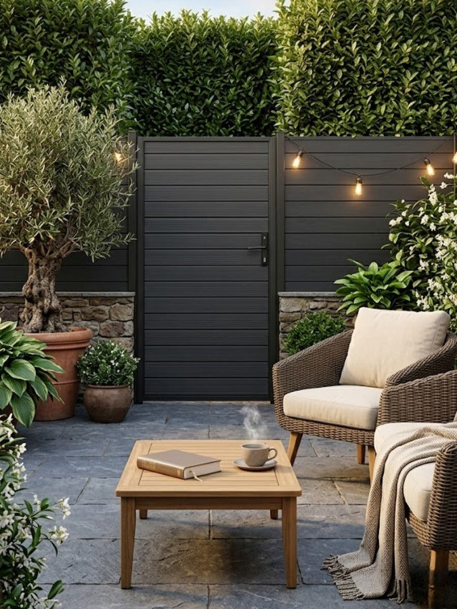 Modern aluminum privacy gate installed in a landscaped patio with outdoor seating and string lights