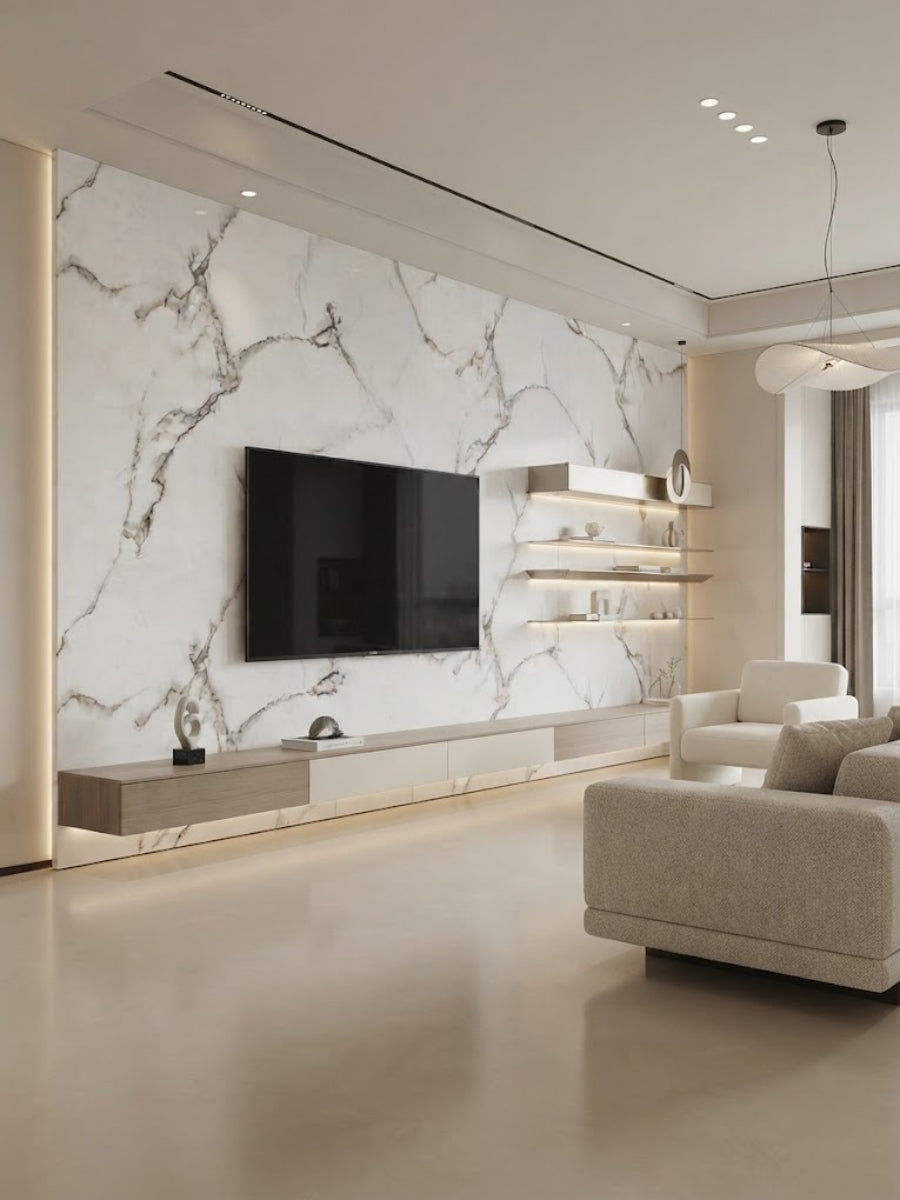 Calacatta White PVC wall panels installed behind a TV in a modern living room