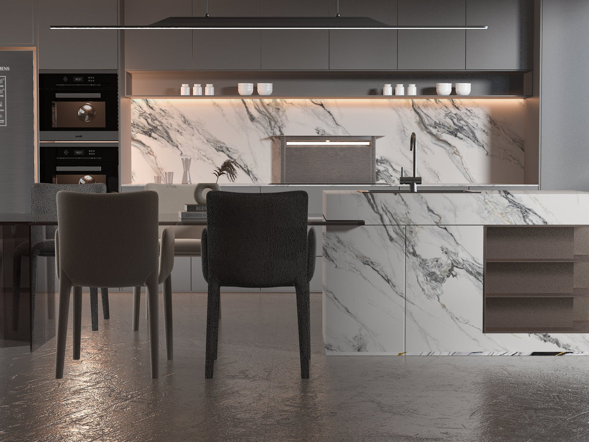 Modern kitchen with Regal Harmony marble veneer on the backsplash and waterfall island