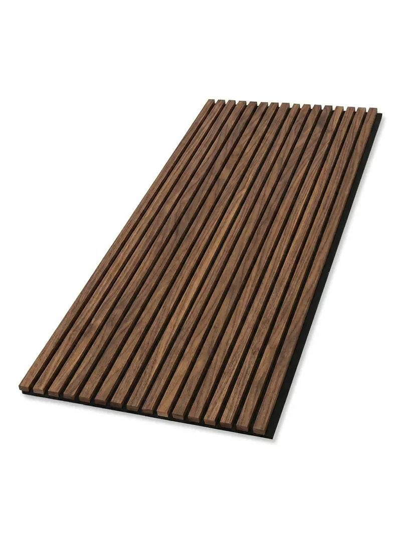 Dark brown wood slat acoustic panel sample with visible wood grain and black gaps