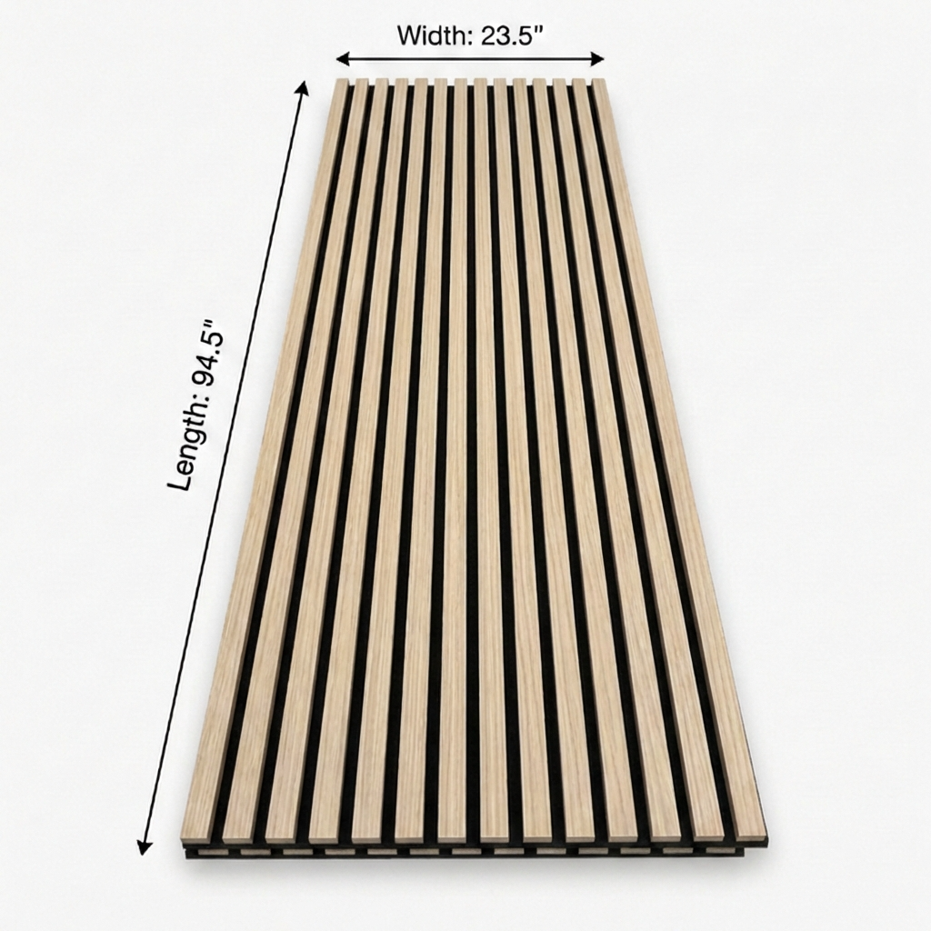 Light oak acoustic wood slat wall panel measuring 94.5 inches long by 23.5 inches wide