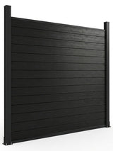 Angled view of a black aluminum full privacy fence panel with horizontal slats and capped posts