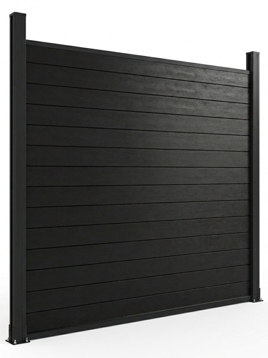 Angled view of a black aluminum full privacy fence panel with horizontal slats and capped posts