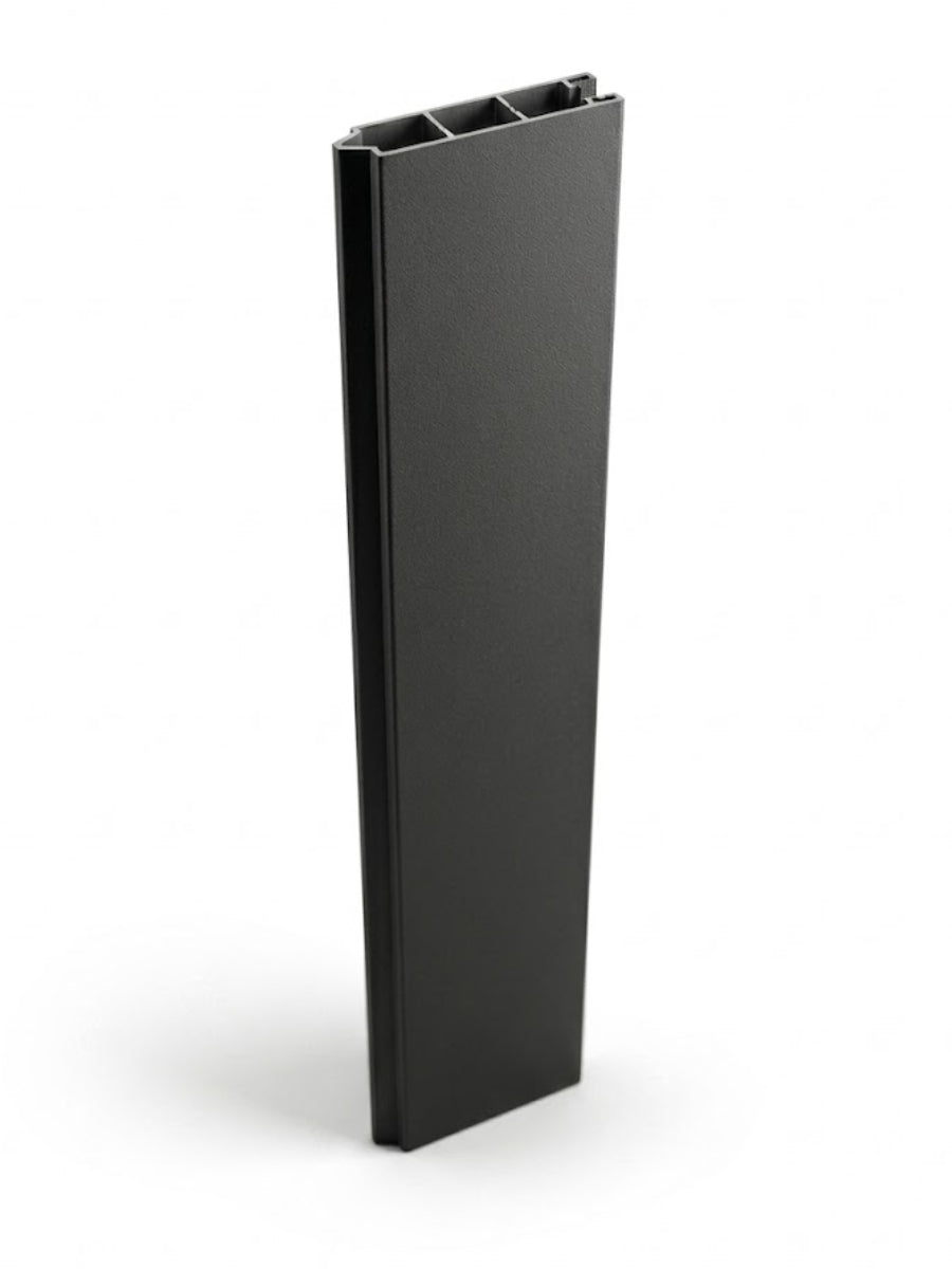 Black tongue-and-groove aluminum alloy fence panel angled to show its hollow internal channels