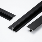 Three views of black aluminum alloy seamless connection H trim showing the channel profile