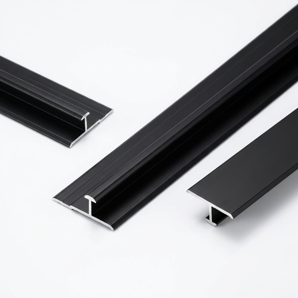 Three views of black aluminum alloy seamless connection H trim showing the channel profile