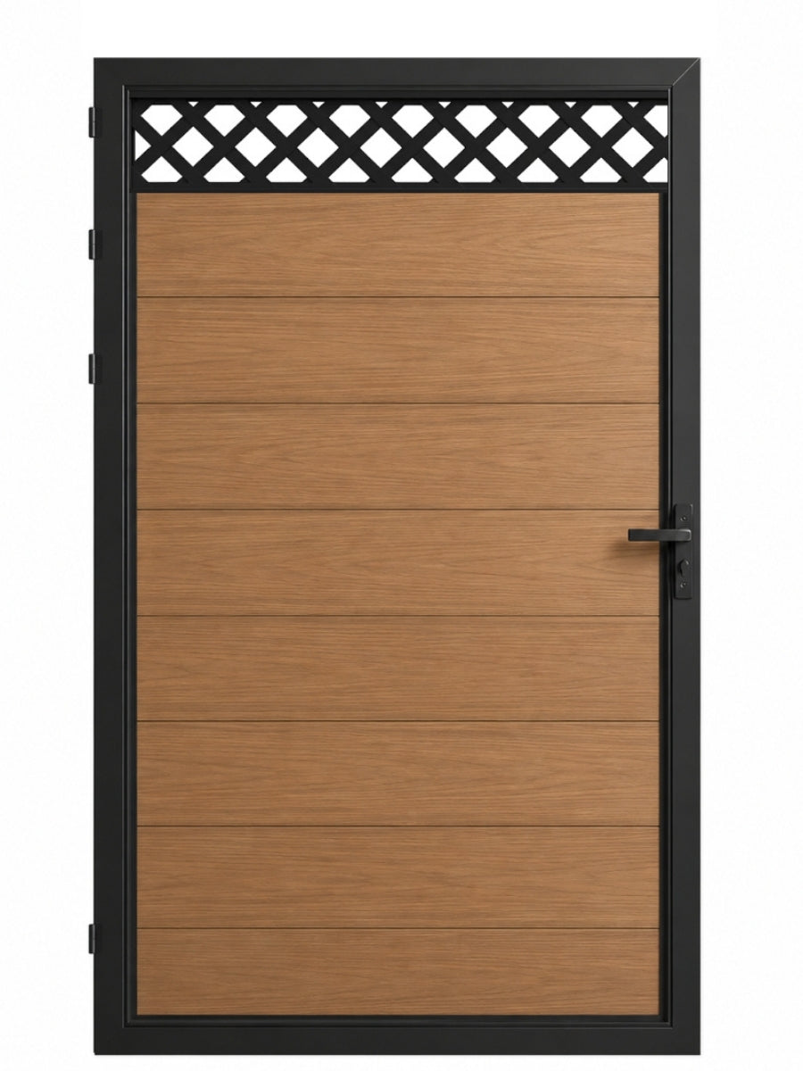 Black diamond lattice decorative gate screen panel installed above a wood-look gate