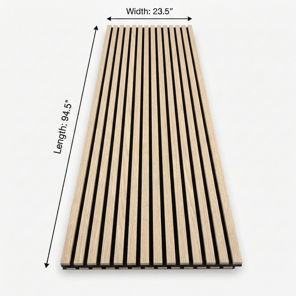 Oak acoustic wood slat wall panel measuring 94.5 inches long by 23.5 inches wide