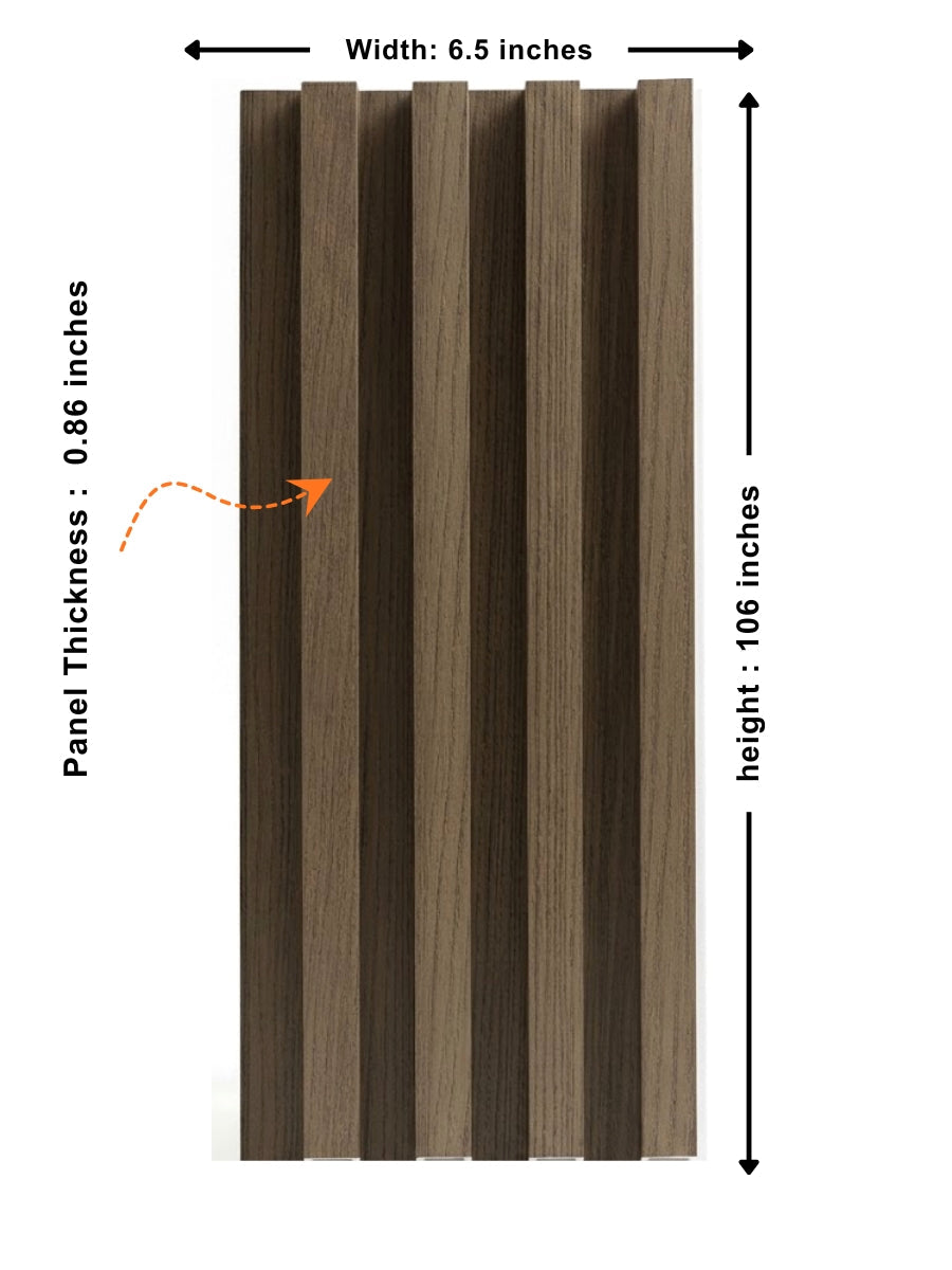 Royal Oak WPC fluted wall panel dimensions showing 6.5-inch width, 106-inch height and 0.86-inch thickness