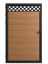 Diamond lattice decorative screen panel installed atop a wood-look 4FT single gate
