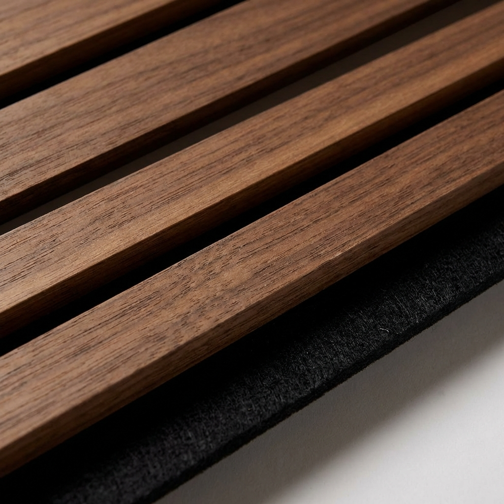 Wenge Acoustic Slat Wall Panel Close-Up with Black Felt Backing for Sound Absorption