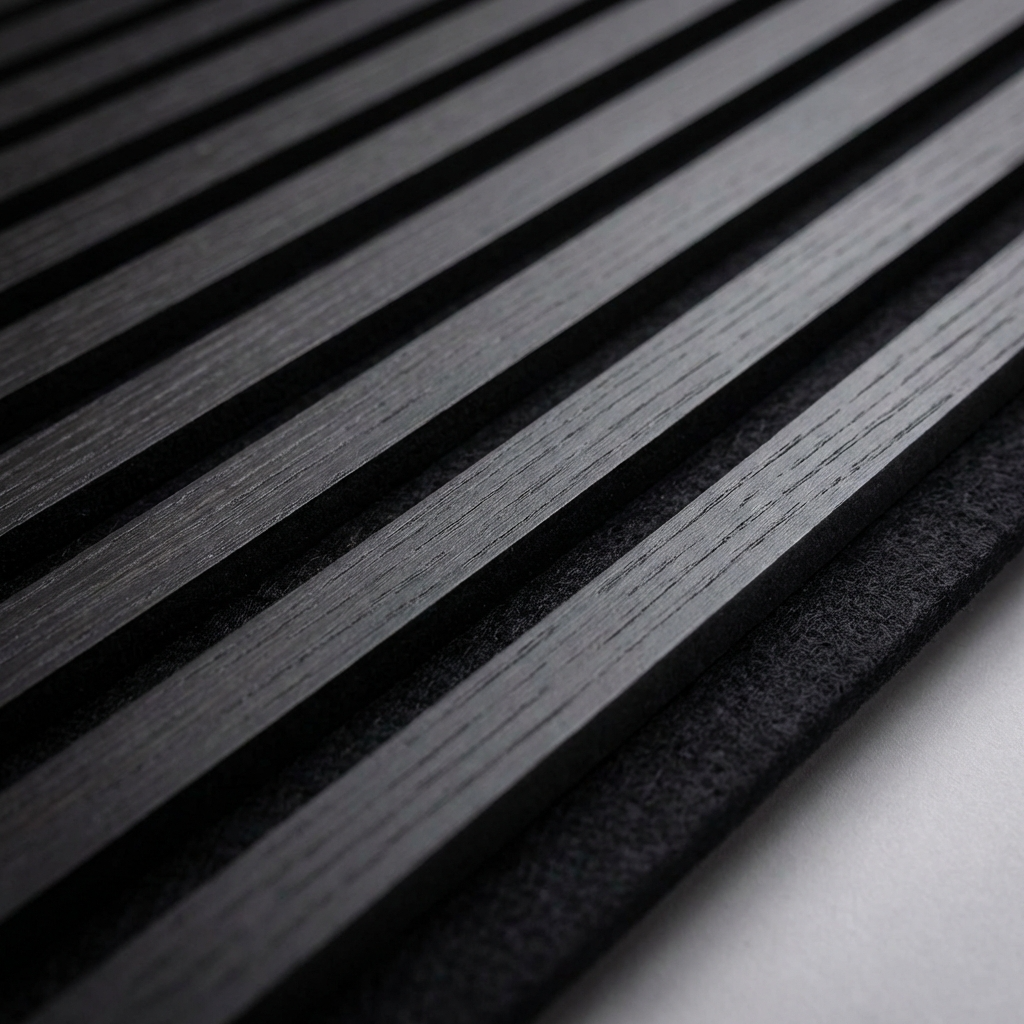 Black Acoustic Slat Wall Panel Close-Up with Black Felt Backing