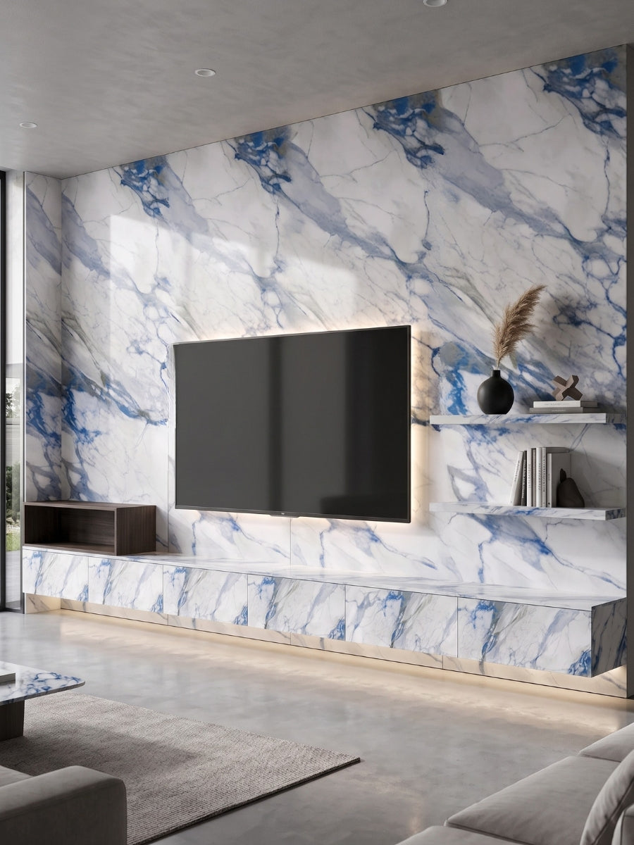Modern TV feature wall clad in Calacatta Azur PVC marble sheets with vivid blue and gray veining