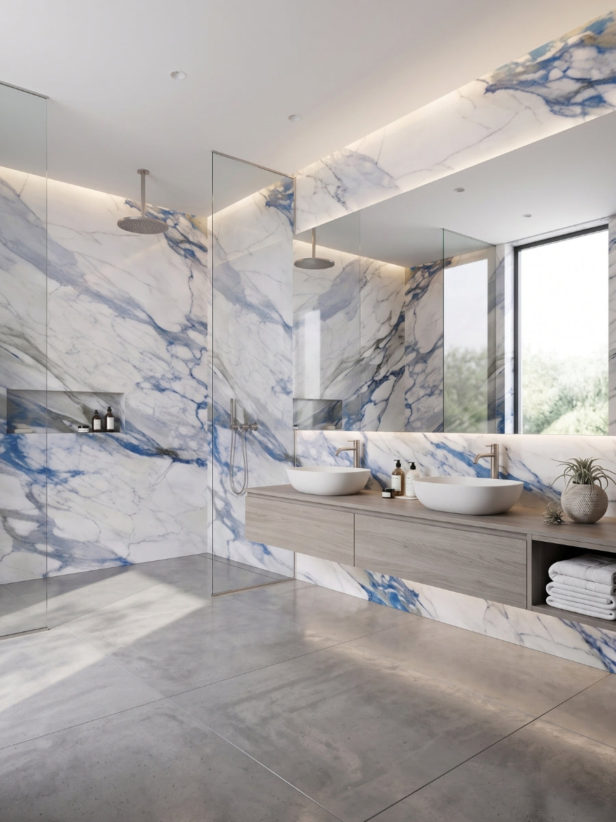 Modern bathroom with Calacatta Azur PVC marble sheets surrounding the glass shower and double vanity