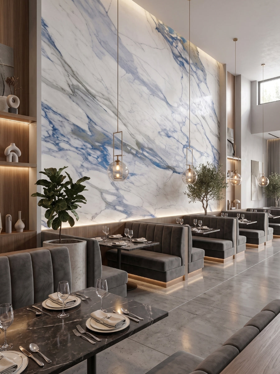 Restaurant dining area featuring a tall Calacatta Azur PVC marble sheet accent wall with blue-gray veining