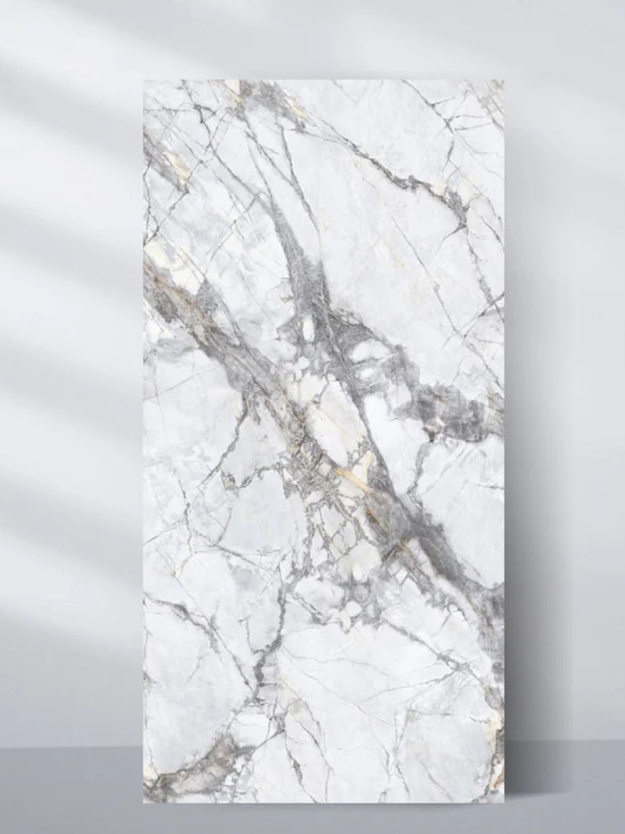 4 x 8 ft white PVC marble sheet with dramatic deep gray veining and subtle beige accents