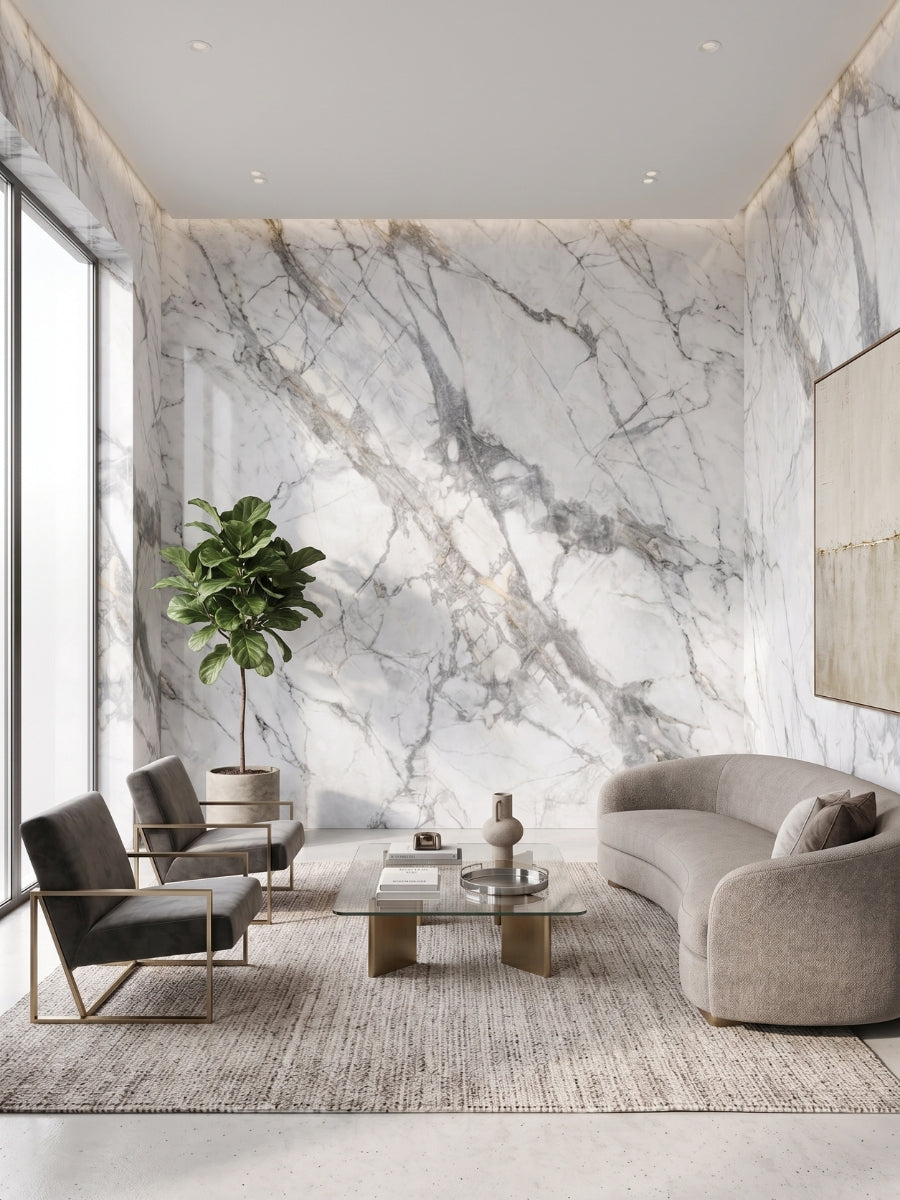 White deep-vein PVC marble sheets installed across a modern living room feature wall