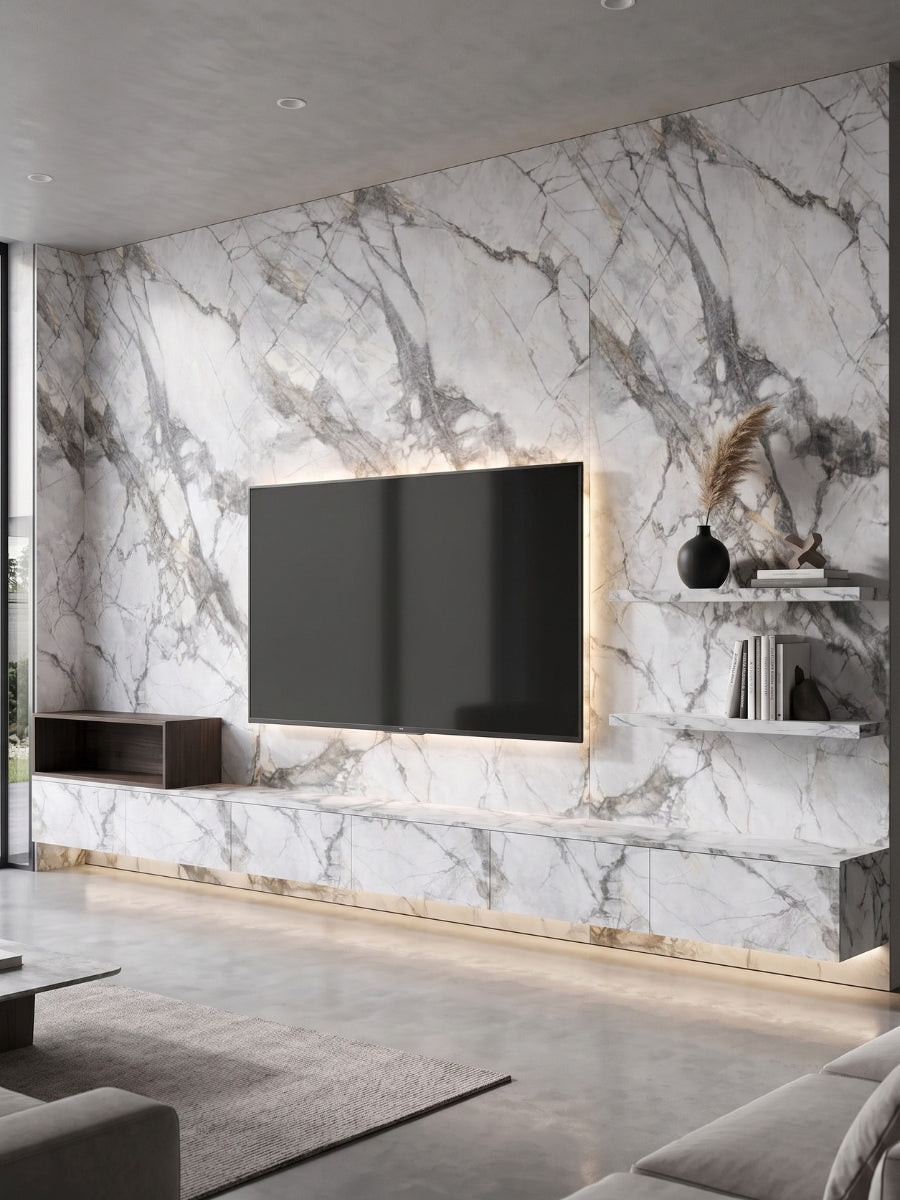 White and gray deep-vein PVC marble sheets covering a living room TV wall with floating shelves