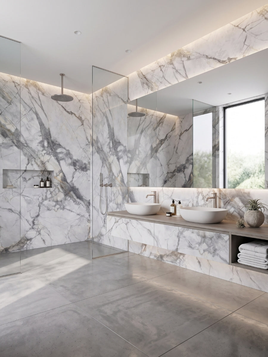 White and gray deep-vein PVC marble sheets installed around a glass shower and double vanity