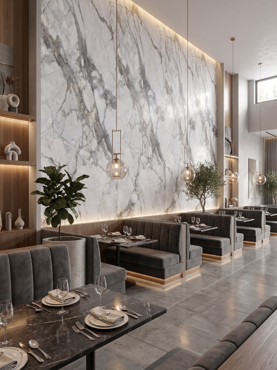 Restaurant dining area with tall white PVC marble wall sheets and dramatic gray veining