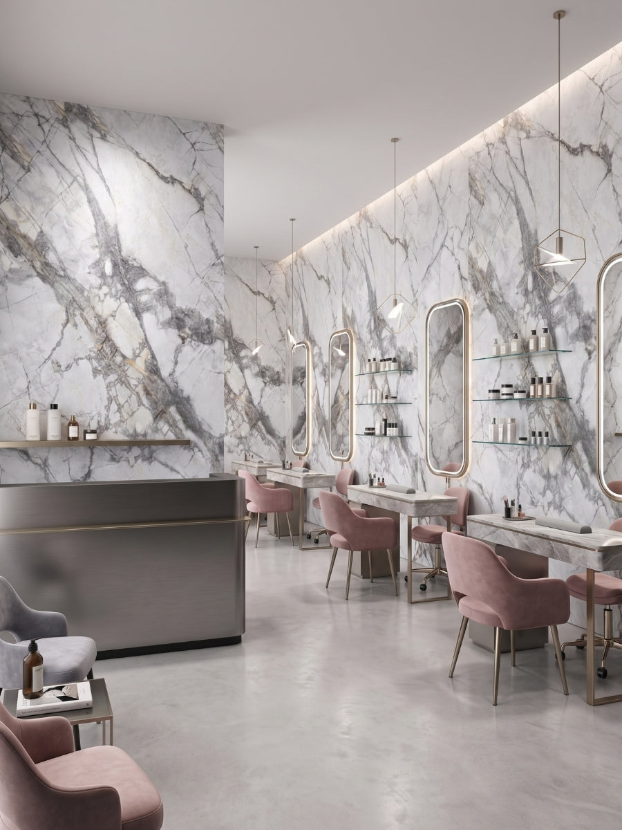 Salon interior with deep-vein PVC marble sheets behind illuminated mirrors and styling stations