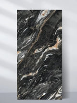 3D Doral Night marble PVC wall panel with a glossy black surface and sweeping white and bronze veining