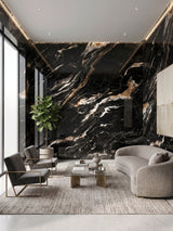 Doral Night marble PVC wall panels covering a dramatic feature wall in a modern living room