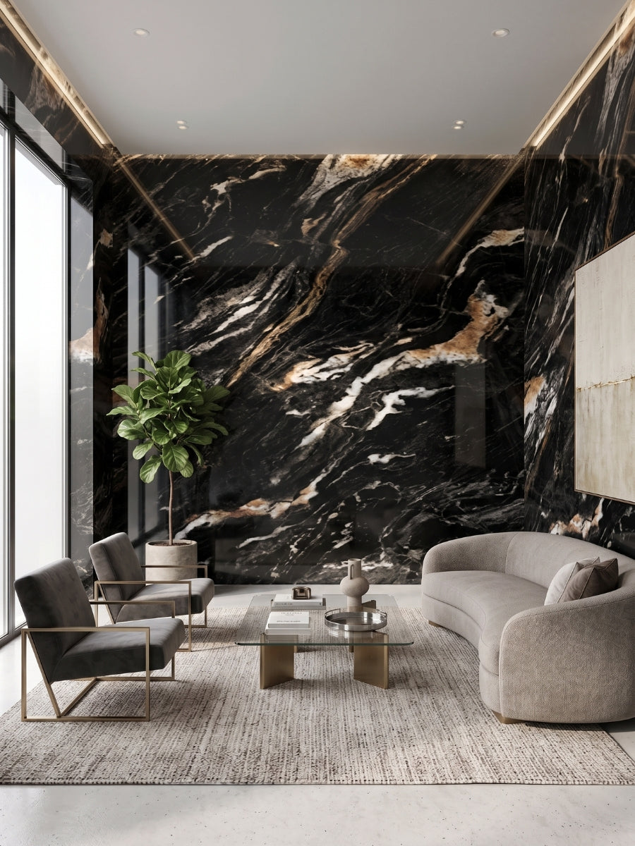 Doral Night marble PVC wall panels covering a dramatic feature wall in a modern living room