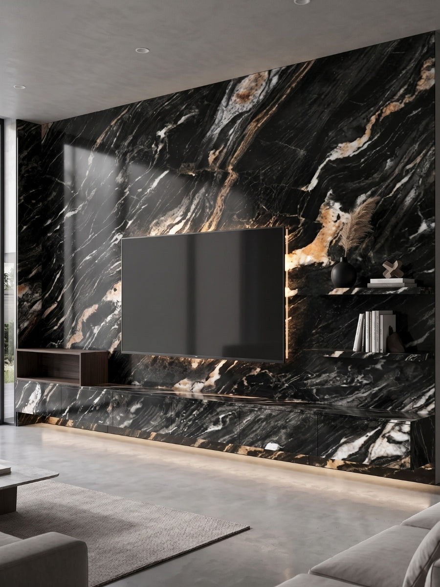 Doral Night black marble PVC wall panels surrounding a mounted TV and floating media console