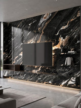 Doral Night black marble PVC wall panels surrounding a mounted TV and floating media console