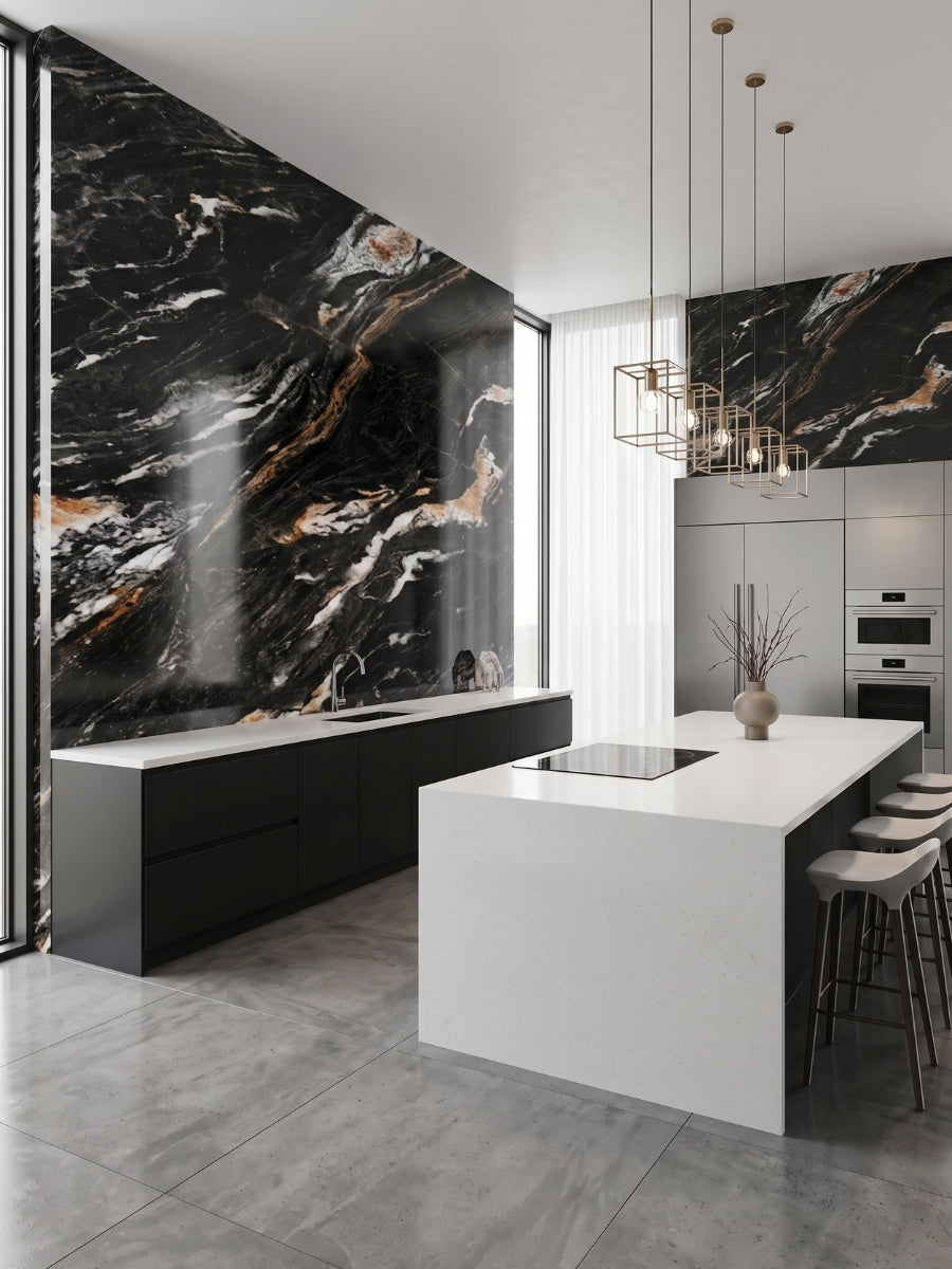 Modern kitchen with Doral Night marble PVC wall panels, black cabinetry, and a white island