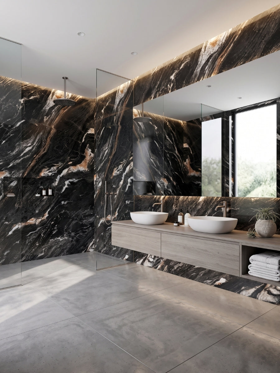Doral Night black marble PVC wall panels installed in a modern bathroom with double vessel sinks