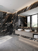 Doral Night black marble PVC wall panels installed in a modern bathroom with double vessel sinks
