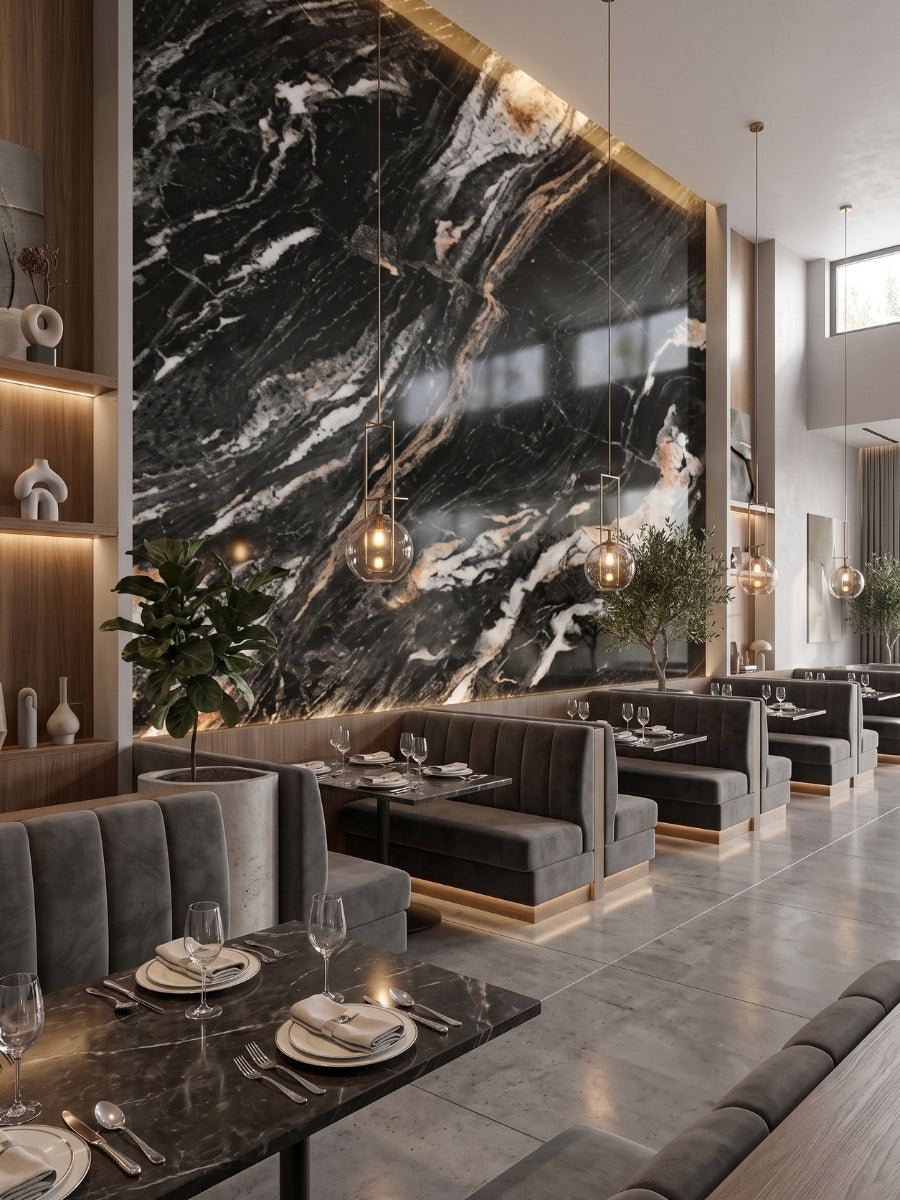 Floor-to-ceiling Doral Night marble PVC feature wall in a contemporary restaurant dining area