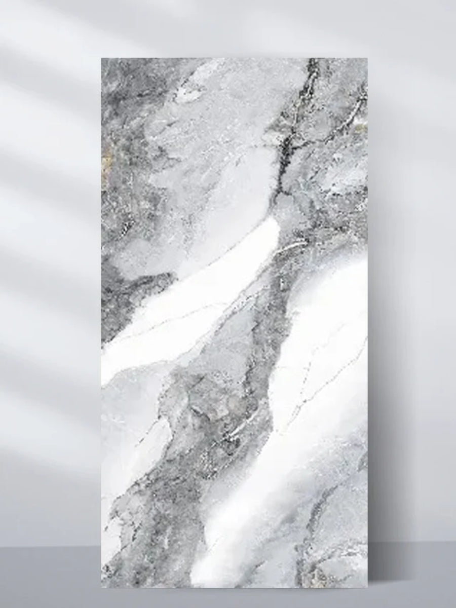 4 x 8 ft Frosted Sky marble PVC wall panel with sweeping white, gray, and charcoal veining