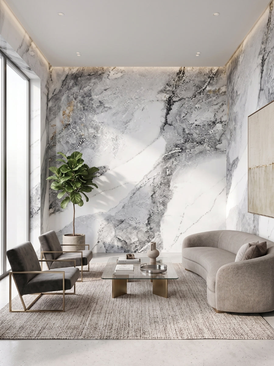 Frosted Sky marble PVC wall panels installed as a floor-to-ceiling feature wall in a modern living room