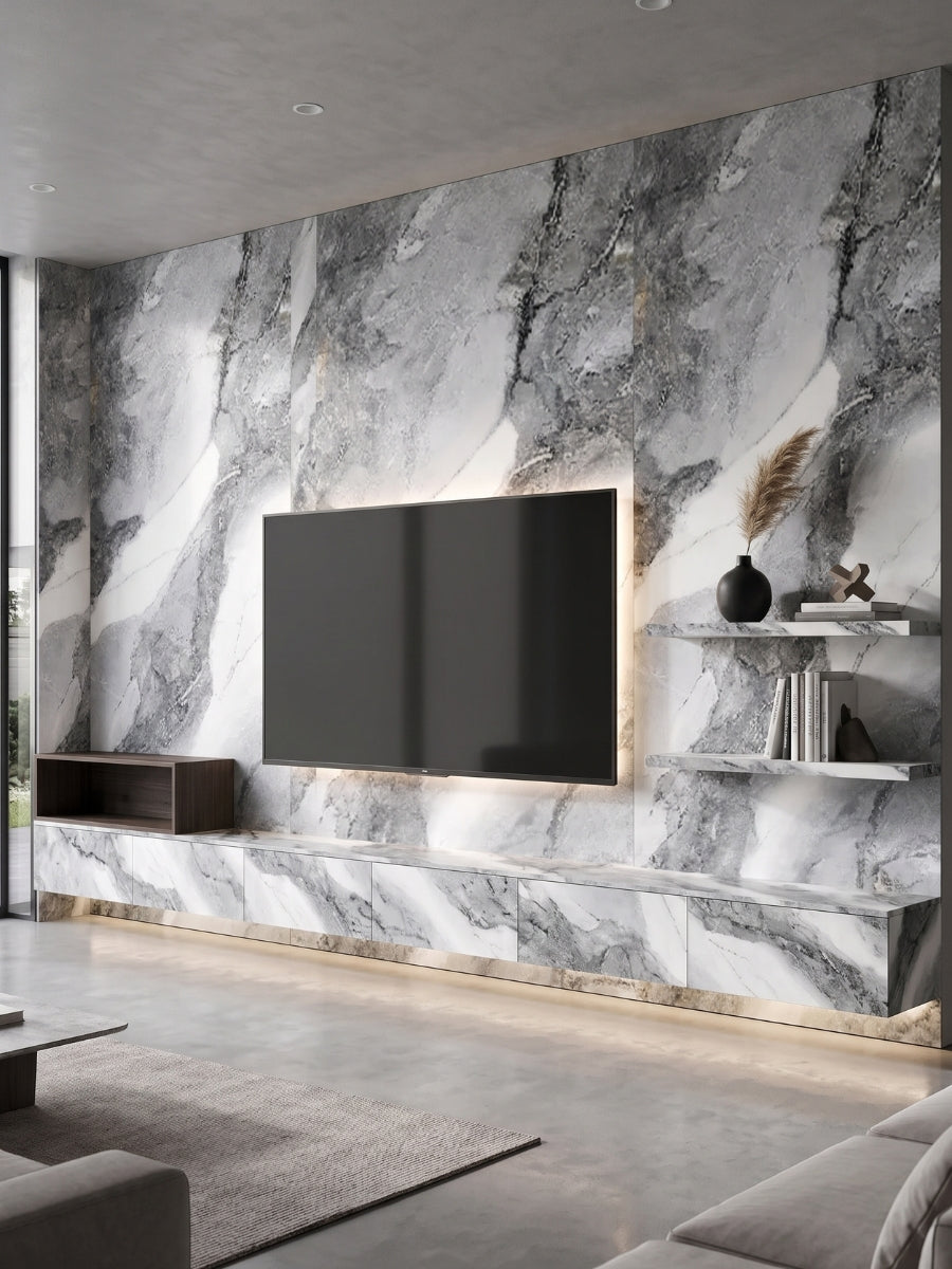 Gray-and-white Frosted Sky marble PVC panels installed on a contemporary living room TV wall