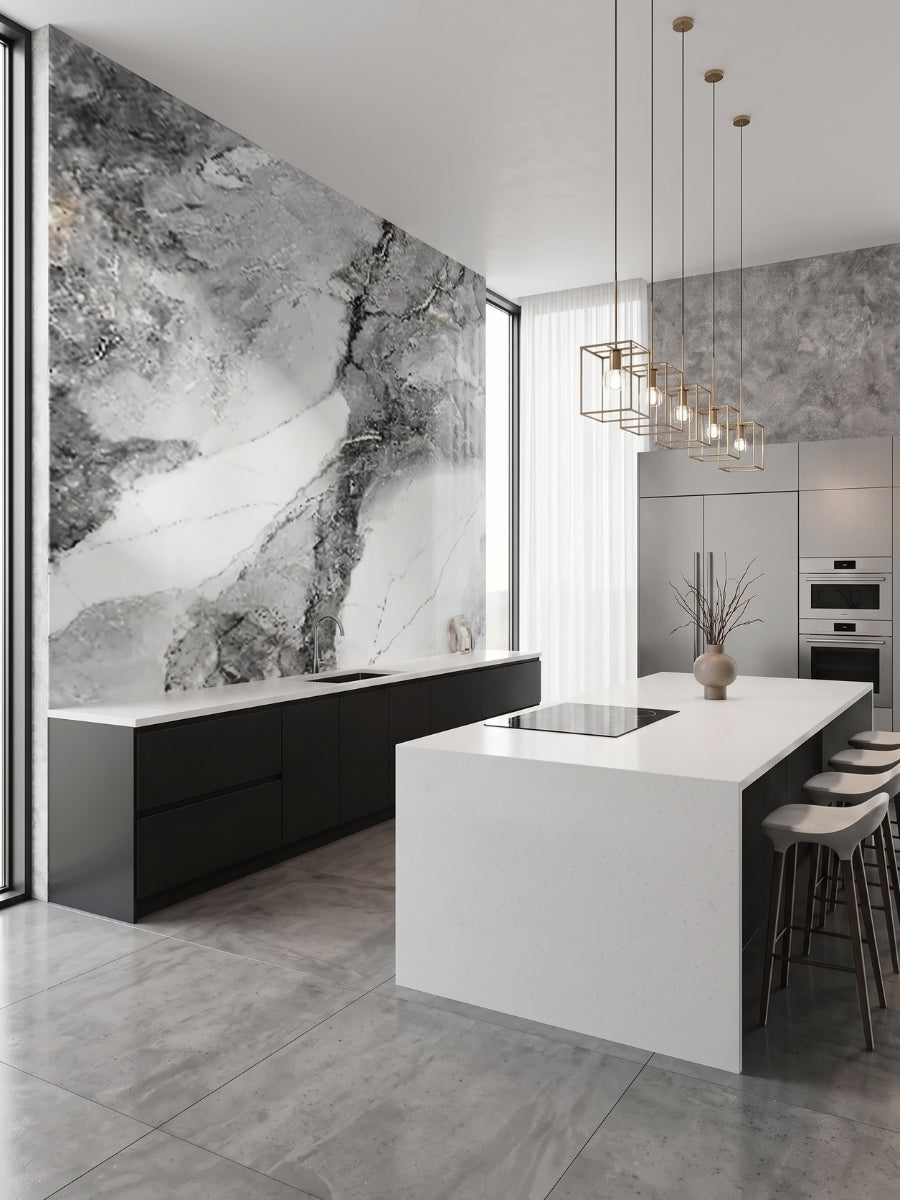 Frosted Sky marble PVC wall panel with bold gray veining installed behind black kitchen cabinetry