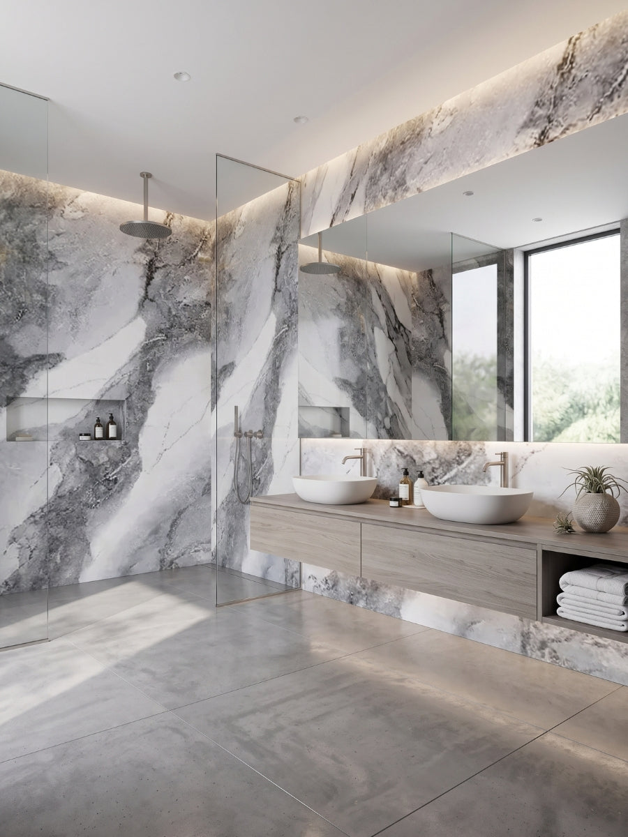 Frosted Sky marble PVC wall panels covering the shower and vanity walls in a contemporary bathroom
