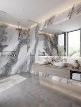 Frosted Sky marble PVC wall panels covering the shower and vanity walls in a contemporary bathroom