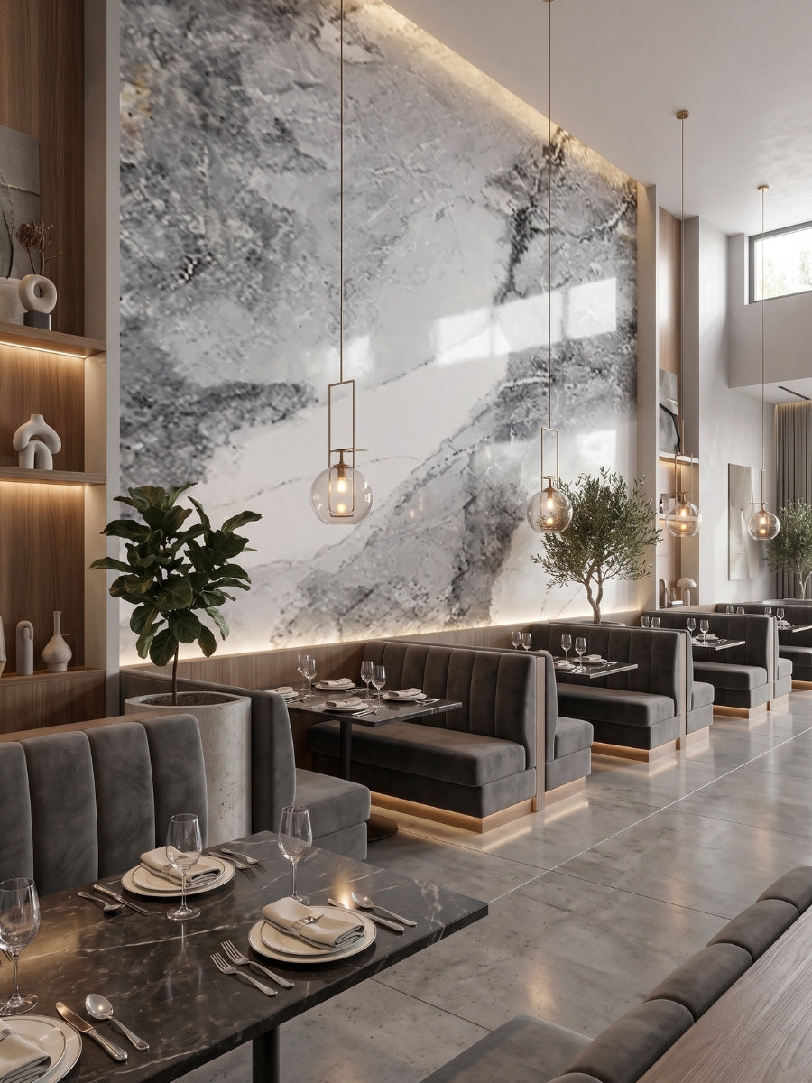 Large gray-and-white Frosted Sky marble PVC feature wall in a modern restaurant dining area