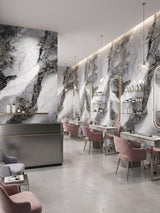 Frosted Sky marble PVC wall panels lining a modern salon with illuminated mirrors and pink chairs