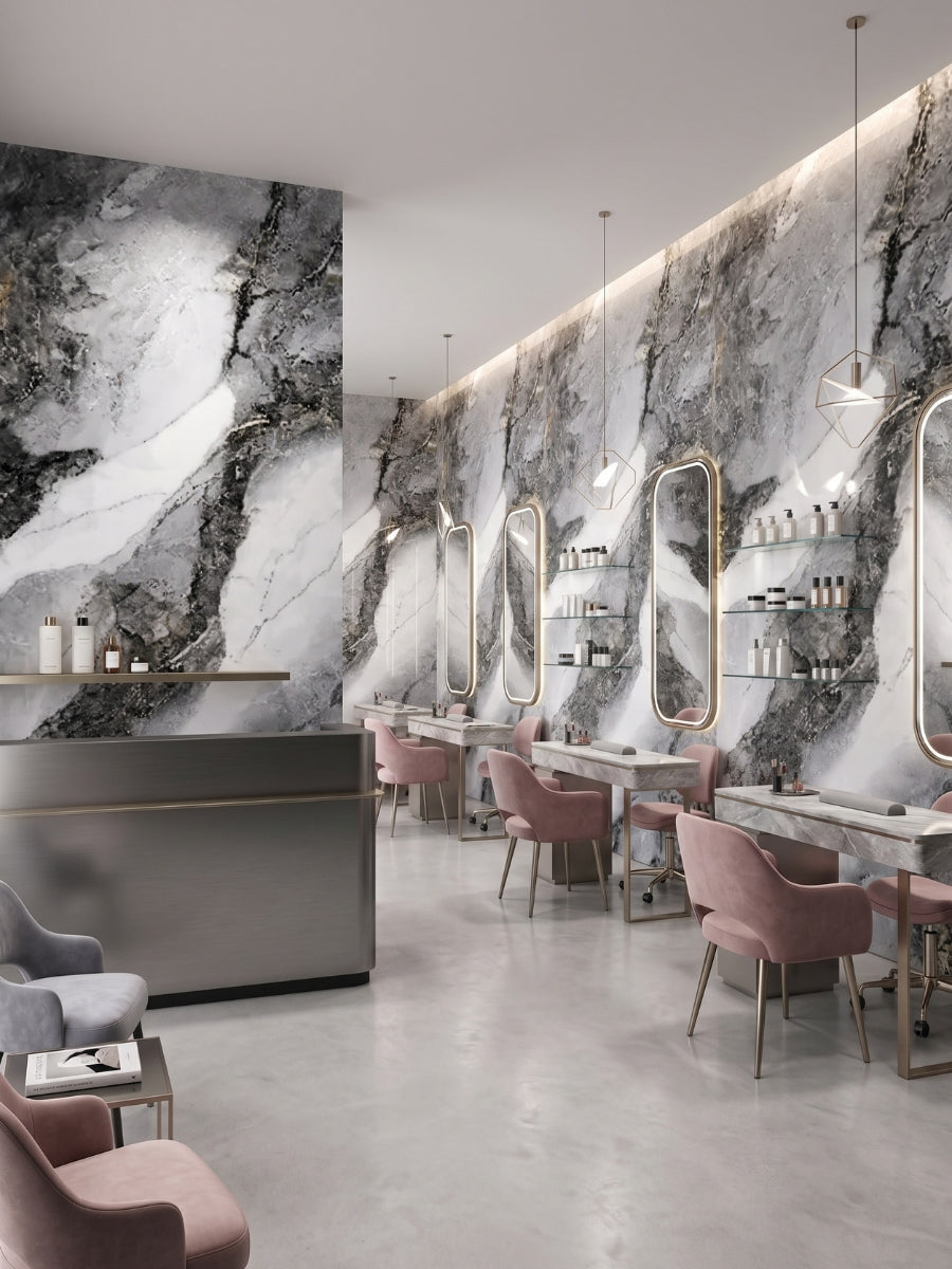 Frosted Sky marble PVC wall panels lining a modern salon with illuminated mirrors and pink chairs