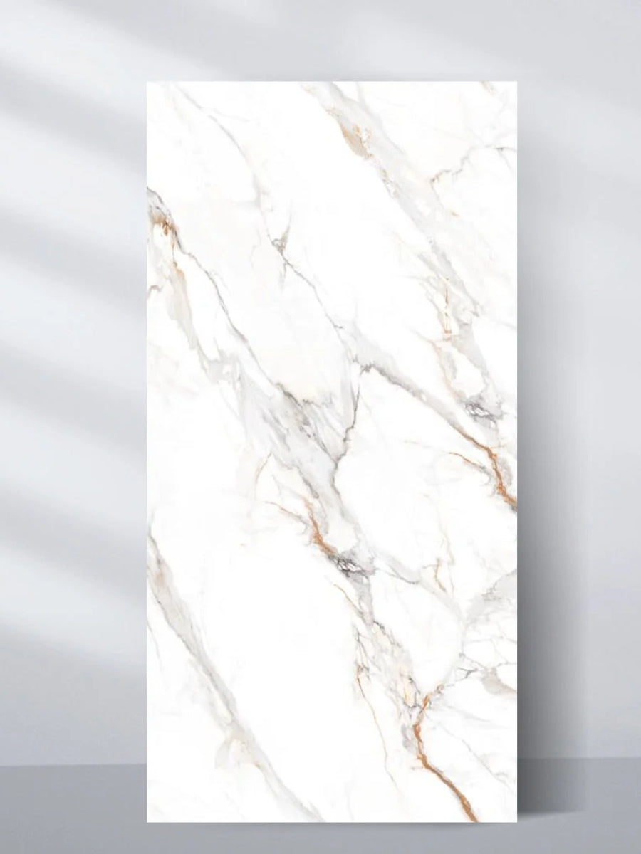4 x 8 ft White Wave Azure PVC marble sheet with a white surface and flowing gray and gold veining