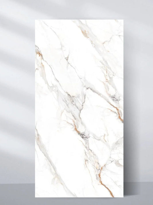 3D White Wave Azure PVC marble sheet with flowing gray and warm gold veining, shown in a 4 x 8 ft panel