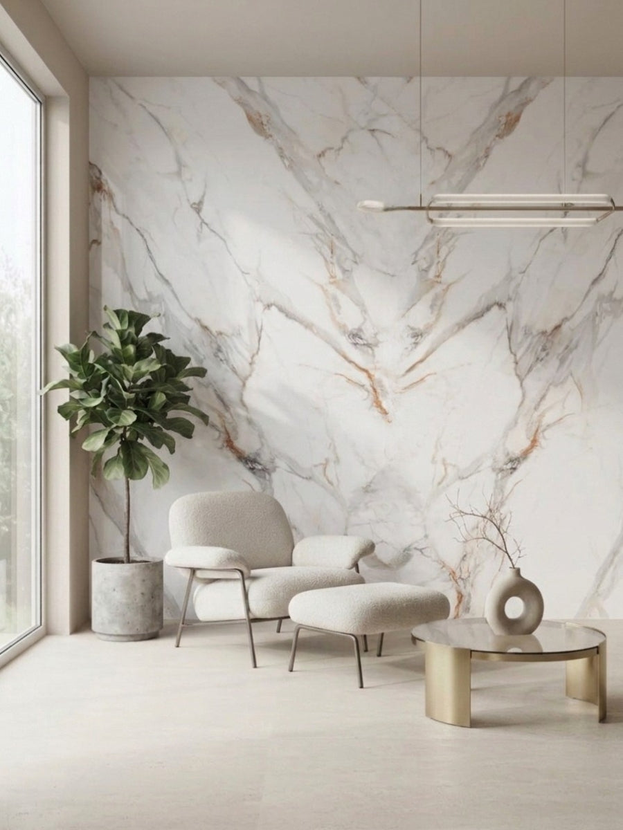 White Wave Azure PVC marble sheets installed as a floor-to-ceiling accent wall in a modern sitting area
