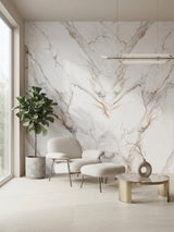 White Wave Azure PVC marble sheets installed as a floor-to-ceiling accent wall in a modern sitting area