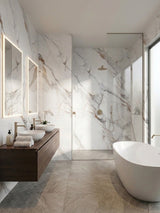 White Wave Azure waterproof PVC marble sheets installed on bathroom and glass-enclosed shower walls