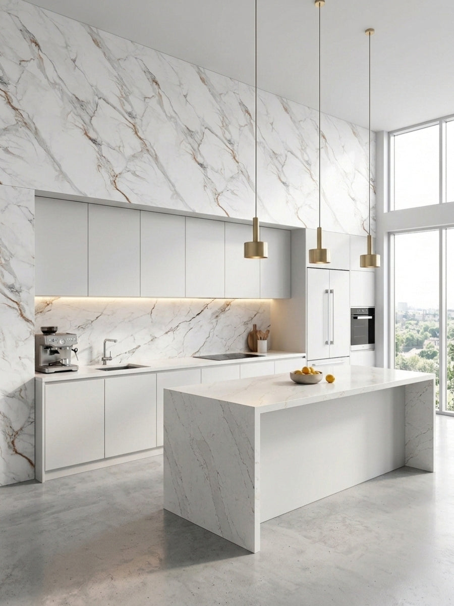 Bright modern kitchen with White Wave Azure PVC marble sheets on the walls, backsplash, and island