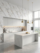 Bright modern kitchen with White Wave Azure PVC marble sheets on the walls, backsplash, and island